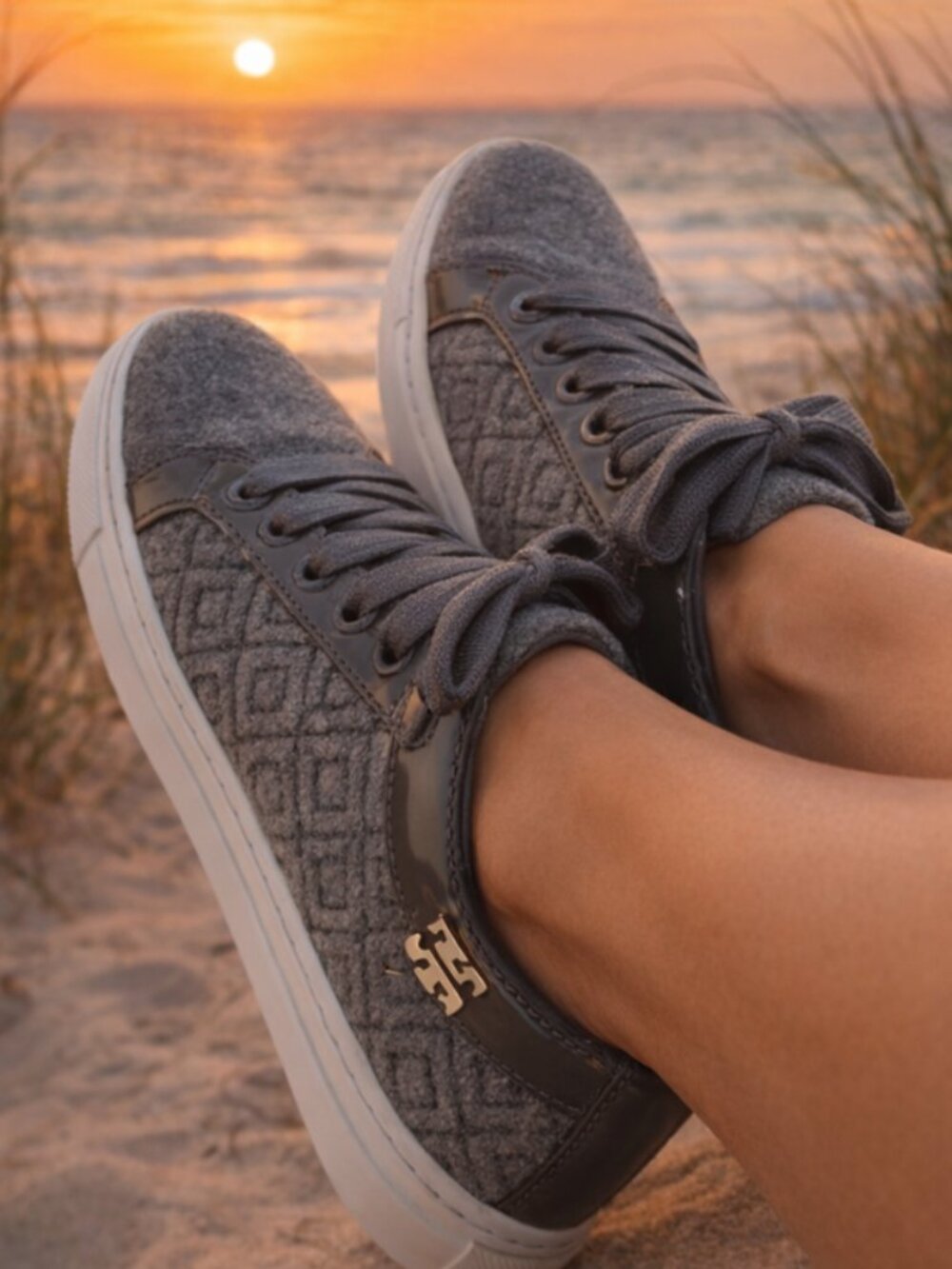 Size 7. Tory Burch Dovestone Gray Quilted Felted Women's Sneakers. Clean! Logo
